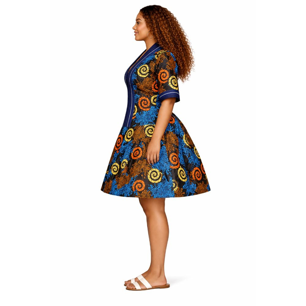 Blue Ankara Flared Mini Dress Multicolor Spiral Print Statement